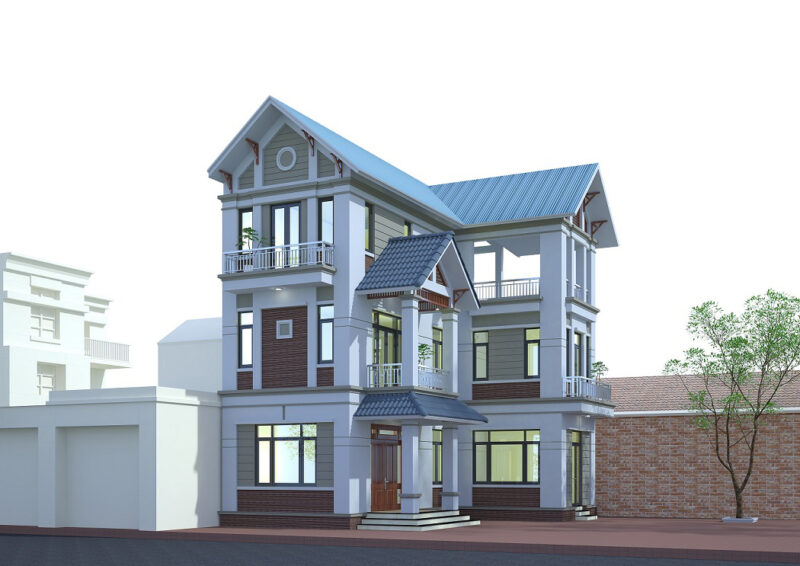 Bản vẽ thiết kế nhà phố chữ L 9x12m, 03 tầng