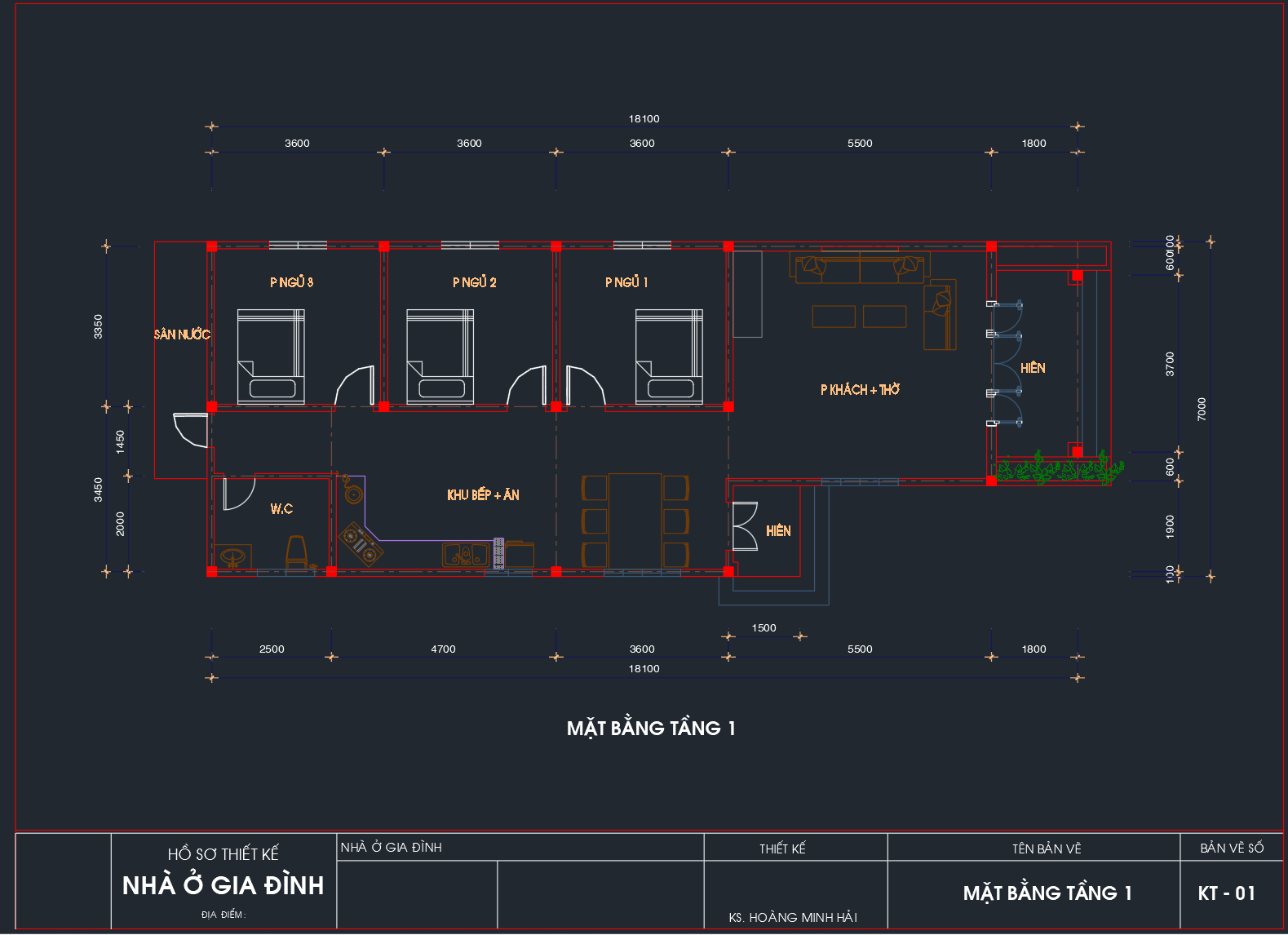 File cad bản vẽ kiến trúc biệt thự 1 tầng 7×18.1m