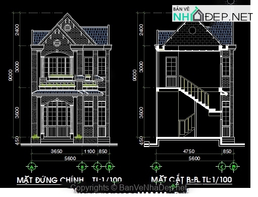 File cad kiến trúc thiết kế biệt thự 2 tầng rộng 5.6m miễn phí