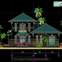 File cad thiết kế kiến trúc mẫu biệt thự 2 tầng 12x13m 4 mặt tiền