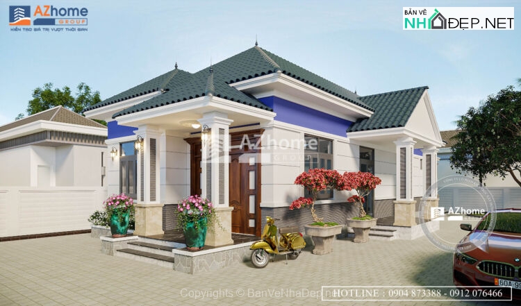 Full hồ sơ thiết kế biệt thự mái nhật 1 tầng kích thước 7x18m