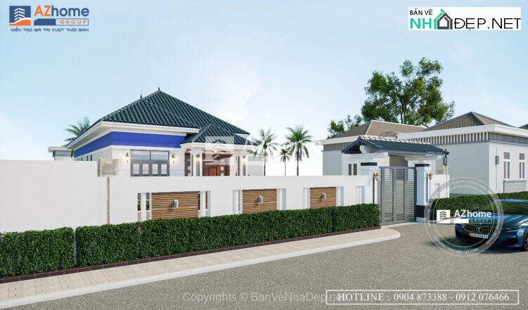 Full hồ sơ thiết kế biệt thự mái nhật 1 tầng kích thước 7x18m