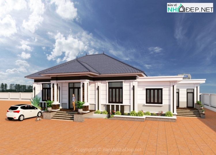 Biệt thự 1 tầng mái nhật 11.8×19.7m file autocad