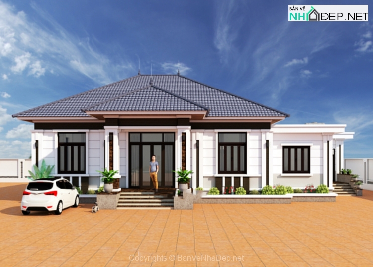 Biệt thự 1 tầng mái nhật 11.8×19.7m file autocad