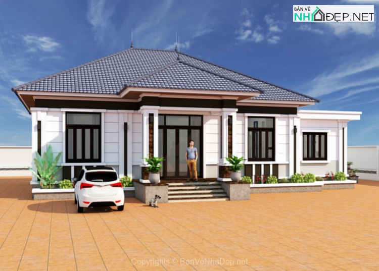 Biệt thự 1 tầng mái nhật 11.8×19.7m file autocad