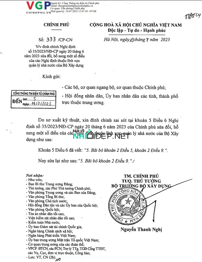 Nghị định 35/2023/NĐ-CP Sửa đổi bổ sung một số điều của các Nghị định thuộc lĩnh vực Xây dựng