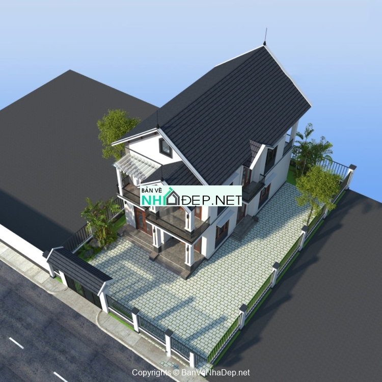 Nhà vườn 2 tầng mái Thái, kích thước 8×13,3m