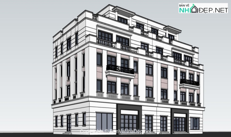 Thiết kế trụ sở tòa nhà 5 tầng 24x13m model sketchup